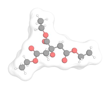 3D rendering of Triethyl Citrate with white transparent surface over a white opaque background. Also called ethyl citrate and citroflex 2.