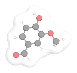 3D rendering of Vanillin with white transparent surface over a white opaque background. Also called vanillaldehyde and p-vanillin.