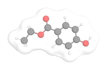 3D rendering of Ethylparaben with white transparent surface over a white opaque background. Also called ethyl 4-hydroxybenzoate and ethyl paraben.
