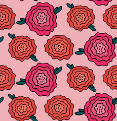 Vector seamless pattern with stylized red and pink roses flowers with black ink outline. Cute floral background in simple hand drawn style. Design for textile, paper, wedding