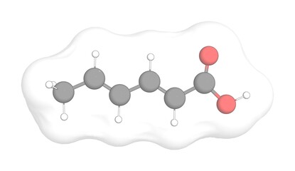 3D rendering of Sorbic Acid with white transparent surface over a white opaque background. Also called panosorb and sorbistat.