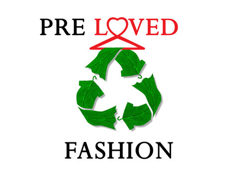 pre loved fashion text with recycle clothes icon on hanger with leaf texture, sustainable eco fashion, reduce waste concept