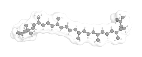 3D rendering of Gamma-Carotene with white transparent surface over a white opaque background. Also called unii-dh369m0soe and dh369m0soe.