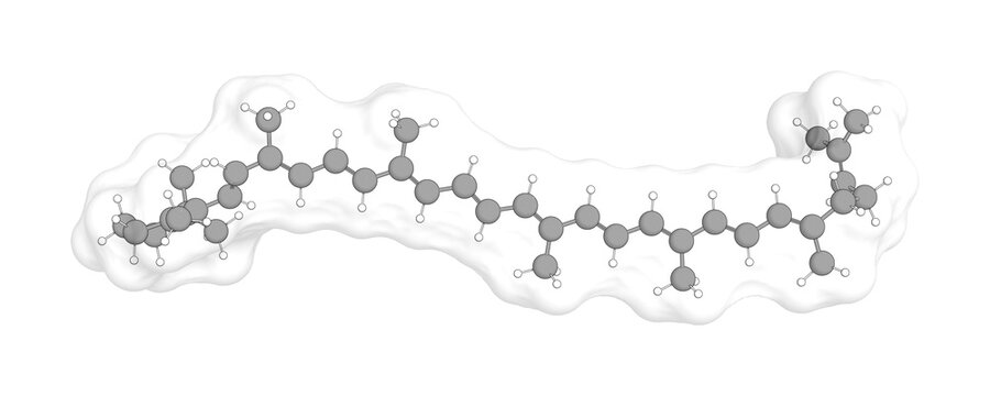 3D rendering of Gamma-Carotene with white transparent surface over a white opaque background. Also called unii-dh369m0soe and dh369m0soe.