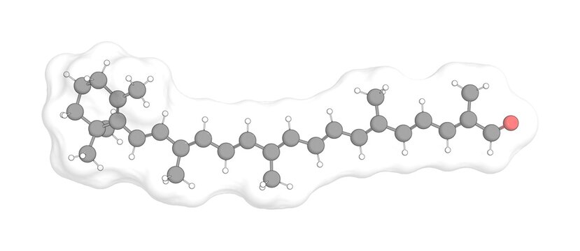 3D rendering of Apocarotenal with white transparent surface over a white opaque background. Also called 8'-apo-beta-carotenal and c.i. food orange 6.