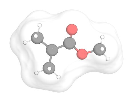 3D rendering of Methyl Isobutyrate with white transparent surface over a white opaque background. Also called methyl 2-methylpropanoate and methyl isobutanoate.