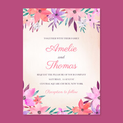 Watercolor floral wedding invitation, painted floral border card