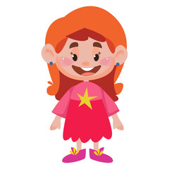 A red-haired little cute full-length girl stands in a pink dress. Vector illustration in cartoon style. Isolated funny clipart on a white background. Cute print fun