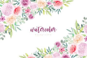 Watercolor flowers background in pastel colors. Watercolor floral bouquet border. Floral decorative frame