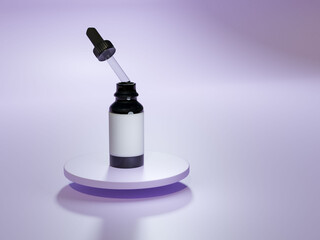 Amber bottle with pipette with essential oils. Lavender studio floating podium. 3d trendy minimal render. Natural medicine.