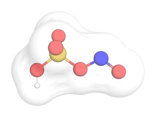 3D rendering of Nitrosylsulfuric Acid with white transparent surface over a white opaque background. Also called nitrosylsulphuric acid and nitrososulfuric acid.