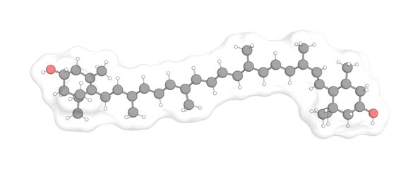 3D rendering of Zeaxanthin with white transparent surface over a white opaque background. Also called all-trans-zeaxanthin and zeaxanthins.