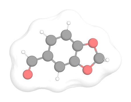 3D rendering of Piperonal with white transparent surface over a white opaque background. Also called piperonyl aldehyde and heliotropine.