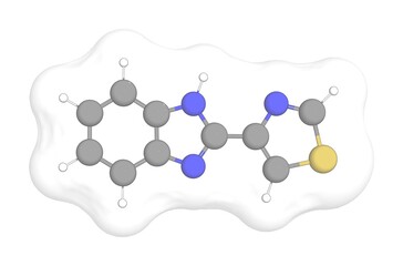 3D rendering of Thiabendazole with white transparent surface over a white opaque background. Also called tiabendazole and mintezol.