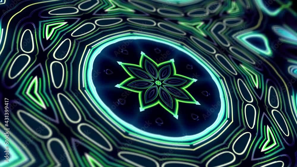 Poster 4k abstract looped bg with flashing lines pattern like symmetrical radial ornament on plane like lig