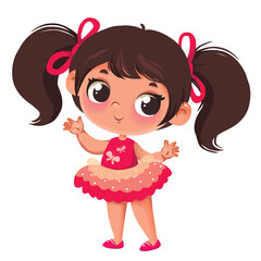 Little cute baby girl with beautiful hairstyle and in a gorgeous pink princess or fairy dress. Childrens illustrations cartoon style. Print for school student or room or textiles. Anime style isolate.