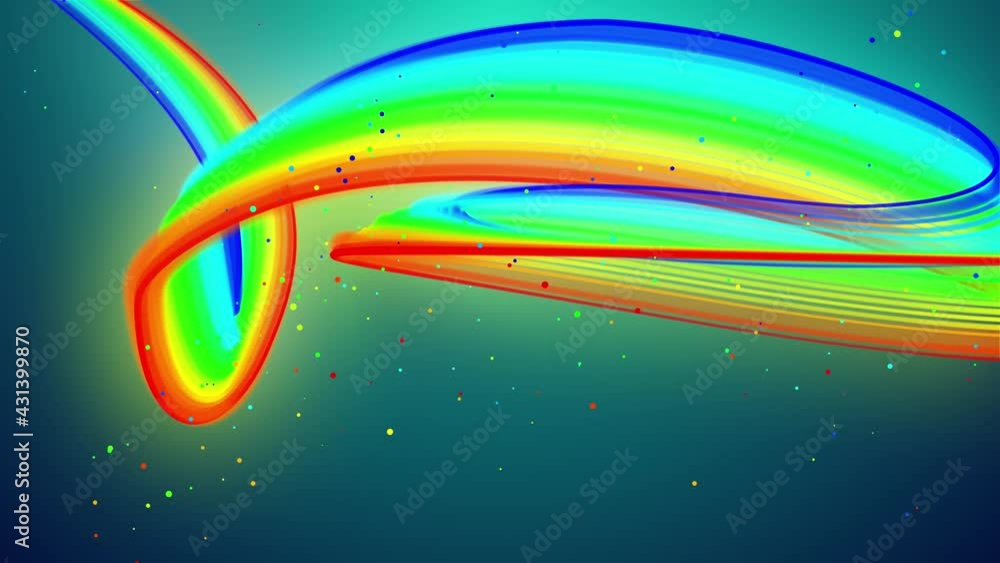 Poster rainbow color glow lines fly in air, smoothly oscillation and wave. 3d abstract looped creative back