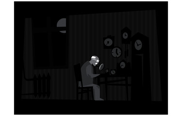 Workshop of an old watchmaker. Old room, old man, old watches. Vector image for illustrations.