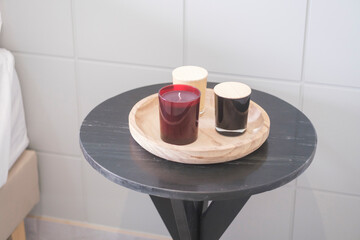 apartment decorated bed kitchen bathroom shower candles paintings chairs modern