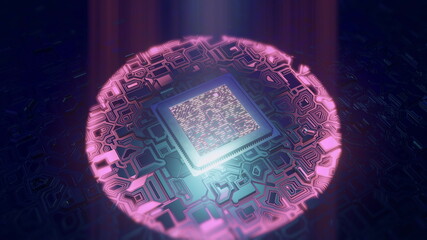 Futuristic Circuit Board CPU Processor sending electronic impuls on motherboard - obrazy, fototapety, plakaty