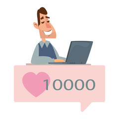 Man at a desk next to a computer. The concept of working at home and freelancing, as well as blogging. Successful influencer with many likes and reposts. Vector illustration in cartoon flat style.