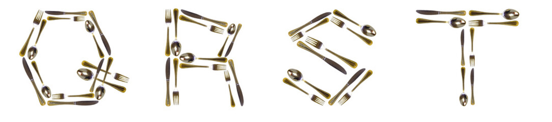 The letters Q, R, S, T are made from tableware