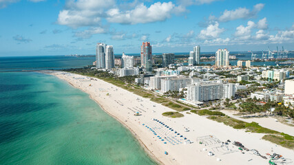 aerial drone view of South Beach and Ocean Drive in Miami Beach, in a sunny day of May 2021