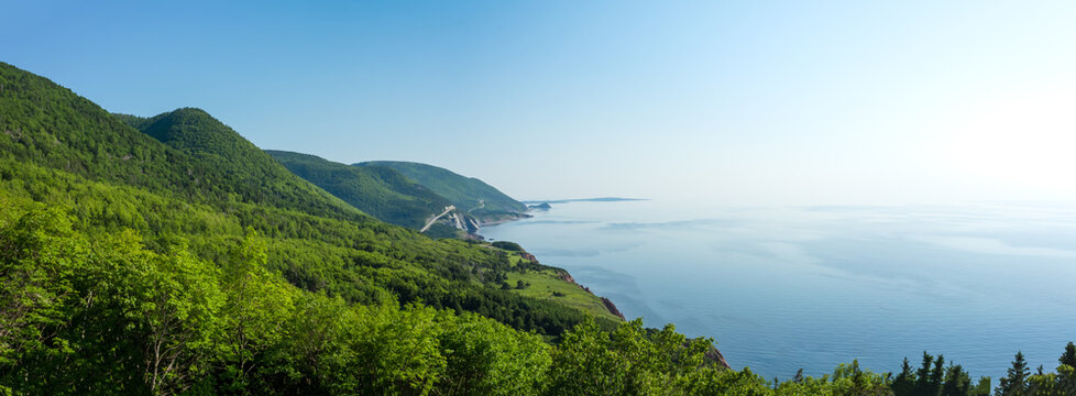 A panoramic view of the Cape Breton Islands along the world famous and most scenic Cabot Trail route, Cape Breton, Nova Scotia.