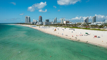 aerial drone view of South Beach and Ocean Drive in Miami Beach, in a sunny day of May 2021