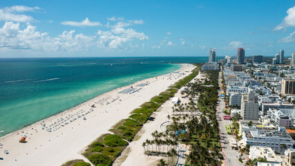 aerial drone view of South Beach and Ocean Drive in Miami Beach, in a sunny day of May 2021