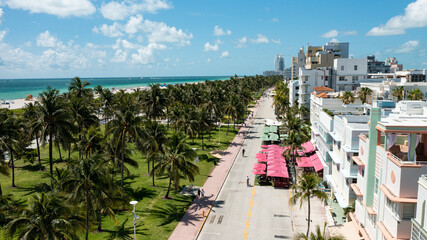 aerial drone view of South Beach and Ocean Drive in Miami Beach, in a sunny day of May 2021