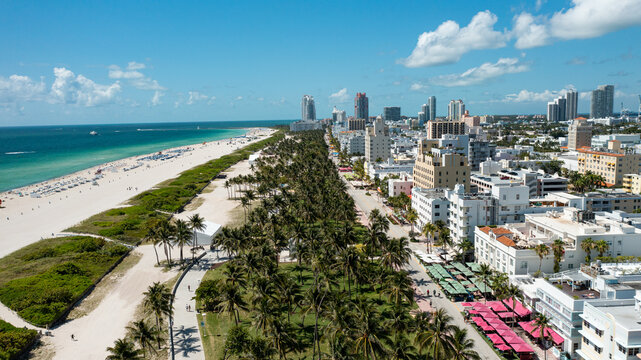 aerial drone view of South Beach and Ocean Drive in Miami Beach, in a sunny day of May 2021