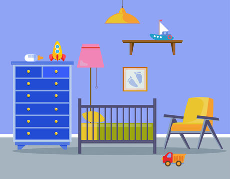 Children s room for a newborn baby. The interior is blue for a little boy with a cot, an armchair, a chest of drawers and toys. Vector illustration in cartoon style. Fun cute