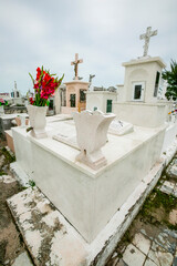 Panteon de San Roman cemetery with above white ground graves, various types of grave markers, vaults, and decorative tile, Campeche, Mexico.