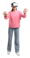 Woman using virtual reality headset on white background