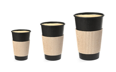 Set with different takeaway coffee cups on white background