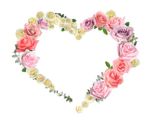 Heart made of beautiful roses on white background