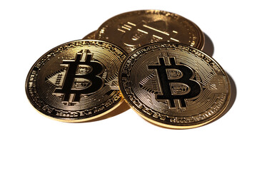Bitcoin coins are isolated on a white background.