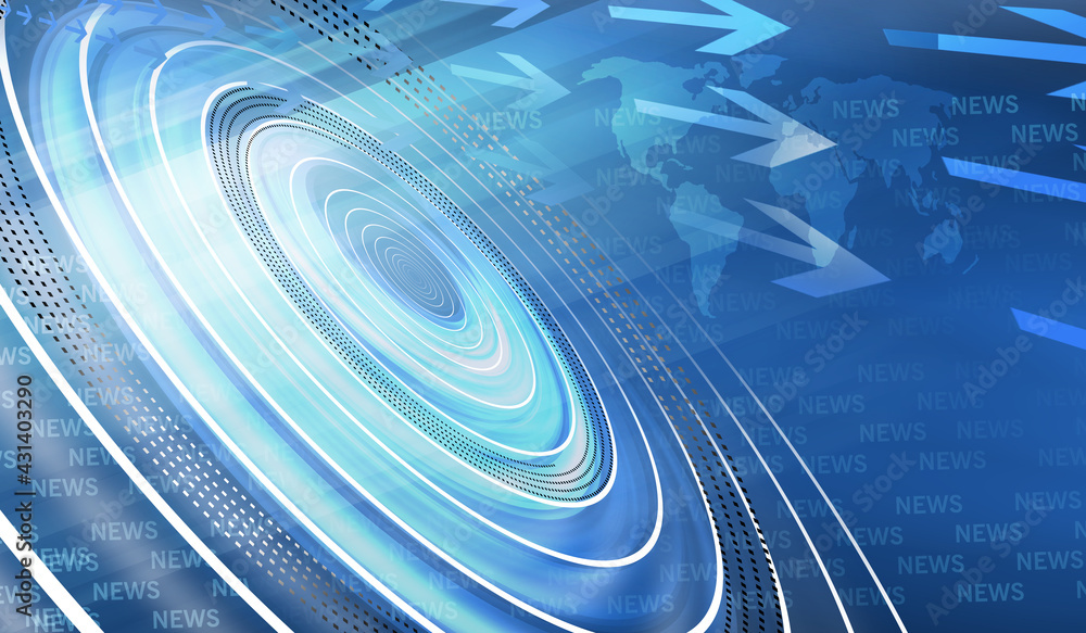 Poster 3d rendering of graphical digital news background with world map and concentric waves circles
