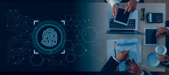 Businessman using fingerprint to access technology against digital Business Safety Internet scan...