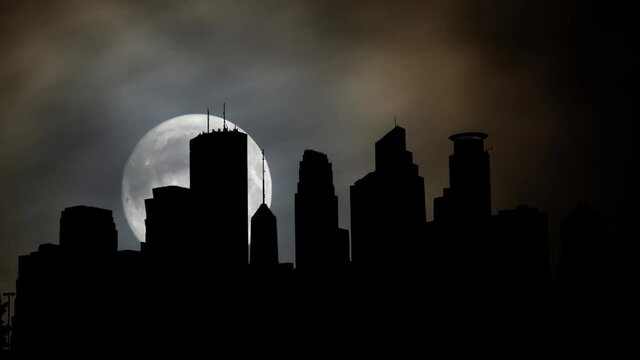 Minneapolis Skyline: Time Lapse by Night with Full Moon, Minnesota