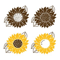 Set icons Sunflowers with leaves in silhouette isolated on white. Hand drawn floral vector flat logo illustration. Summer flower clipart. Stencil design for greeting card, invitation,  banner