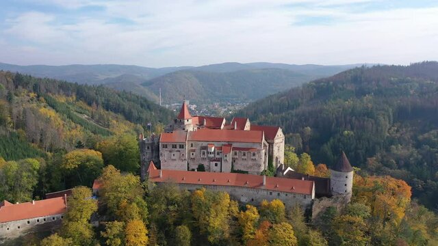 Medieval castle of Pernstein on a hill in the forest. South Moravian region. Czech Republic 
