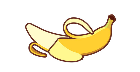 Vector uncovered peeled ripe yellow banana. With peel. Fruit drawn in flat design style, isolated on gray background, casts a shadow.