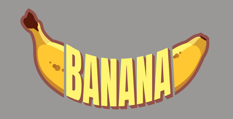 Vector ripe banana curved shape. Yellow bananas drawn in a flat design. Cartoon fruit lettering isolated