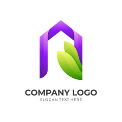 eco house logo, leaf and house, combination logo with 3d purple and green color style