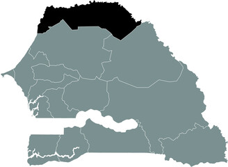 Black highlighted location map of the Senegalese Saint-Louis region inside gray map of the Republic of Senegal