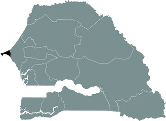 Black highlighted location map of the Senegalese Dakar region inside gray map of the Republic of Senegal