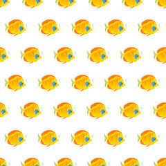 Seamless pattern with yellow, orange and blue striped tropical fish. Colorful flat design cartoon character on a white background. Vector illustration