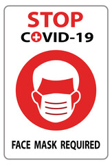 Stop COVID-19 face mask required warning prevention sign - human profile silhouette with face mask in rounded rectangular frame - isolated vector information picture